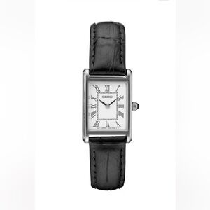 Seiko Essentials Rectangular White Dial Watch with Black Leather Strap